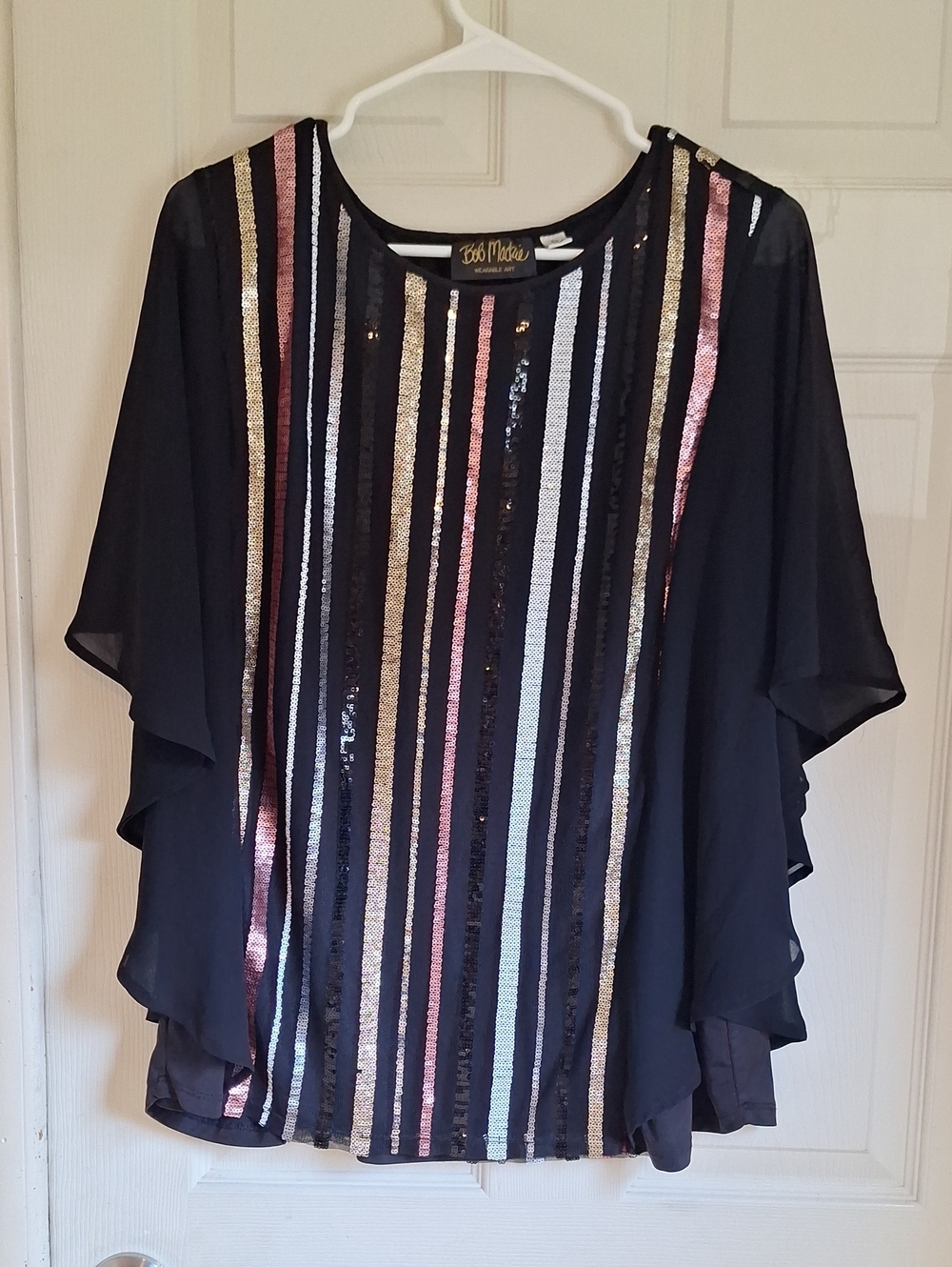 Bob Mackie Wearable Art Women's Black Sequin Stripe Flutter Blouse Size XL